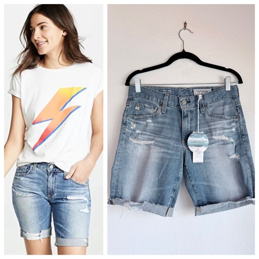 NWT AG Adriano Goldschmied Nikki Distressed Denim Shorts Size 26 Cuffed Blue